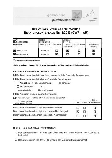 beratungsunterlage nr. 3/2013 (gwp â ar) - Gemeinde Pleidelsheim