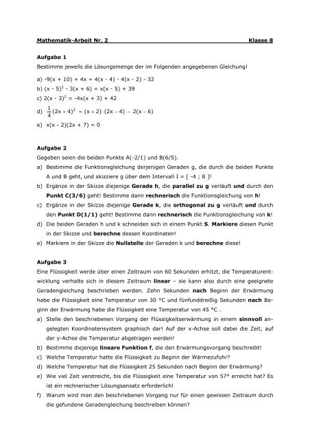 Mathematik-Arbeit Nr. 2 Klasse 8 Aufgabe 1 Bestimme jeweils die ...