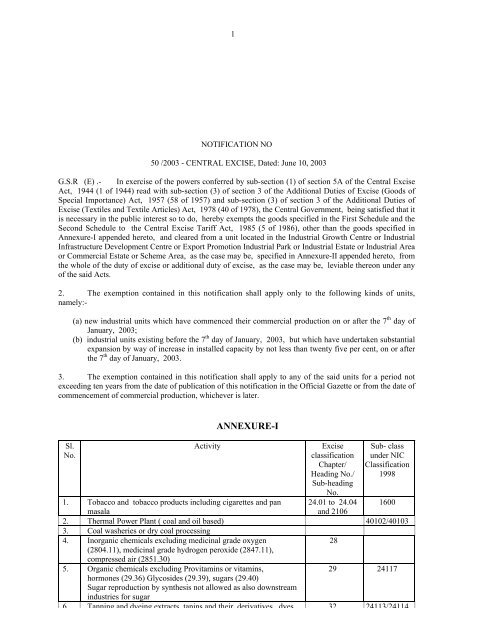 Central Excise Notification 50/2003 - Government of Himachal ...