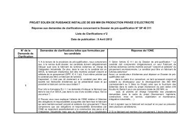 RÃ©ponses aux Demandes de clarifications Dossier de prÃ© ... - ONE