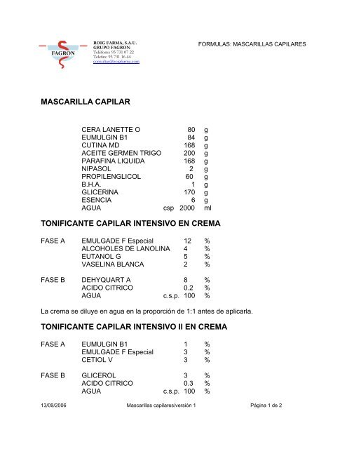 mascarilla capilar tonificante capilar intensivo en crema ... - Fagron