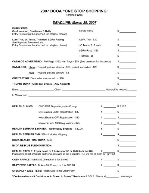 One Stop Shopping Form - Borzoi Club of America, Inc.