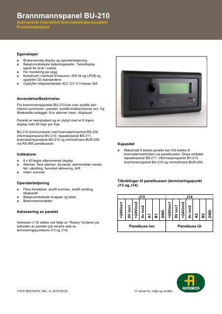 Brannmannspanel BU-210 - Autronica - Autronica Fire and Security