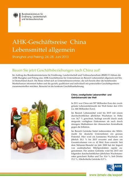 AHK-GeschÃ¤ftsreise CHINA "Lebensmittel allgemein"