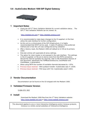 AudioCodes Mediant 1000 SIP Digital Gateway 1 - Testlab ...