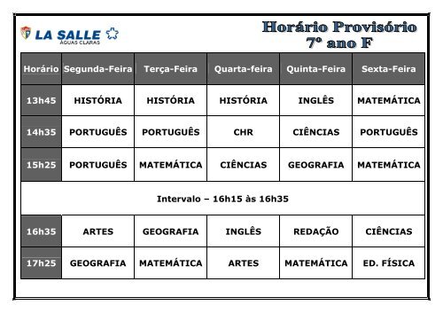 HorÃ¡rio Segunda-Feira TerÃ§a-Feira Quarta-feira Quinta ... - La Salle