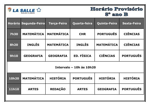 HorÃ¡rio Segunda-Feira TerÃ§a-Feira Quarta-feira Quinta ... - La Salle