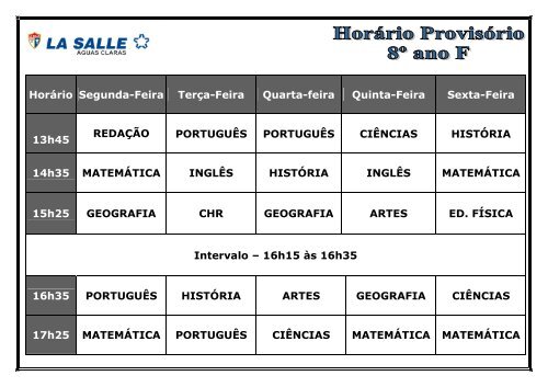 HorÃ¡rio Segunda-Feira TerÃ§a-Feira Quarta-feira Quinta ... - La Salle