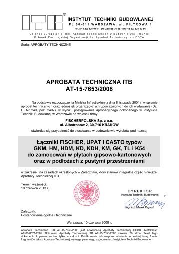 APROBATA TECHNICZNA ITB AT-15-7653/2008 - fischer