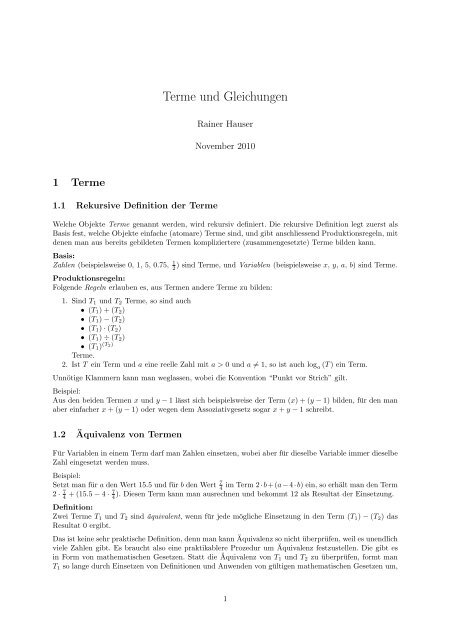 Terme und Gleichungen - Rainer Hauser