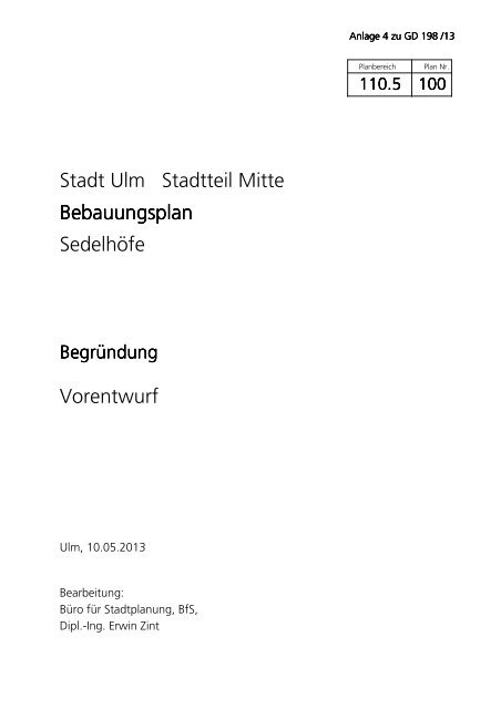 Stadt Ulm Stadtteil Mitte Bebauungsplan Sedelhöfe Vorentwurf