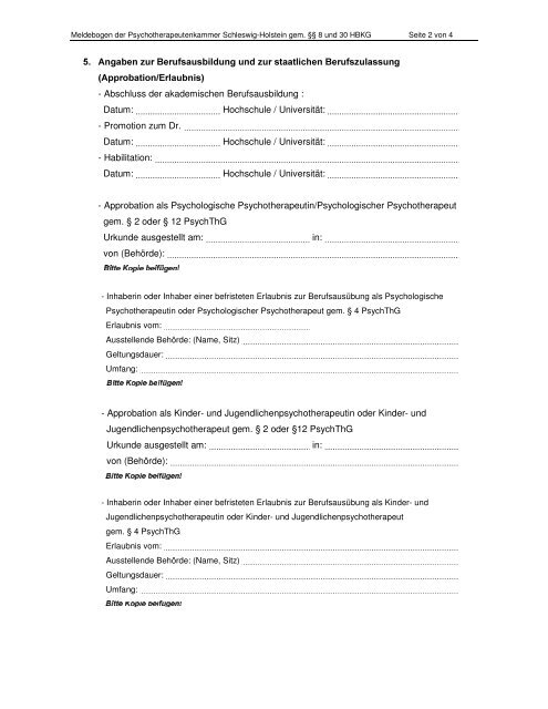 Meldebogen - PKSH - Psychotherapeutenkammer Schleswig-Holstein