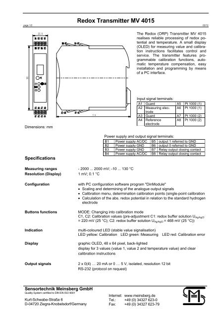 Redox Transmitter MV 4015 - Sensortechnik Meinsberg