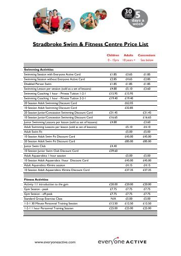 Stradbroke Swimming Pool Price List - Everyone Active