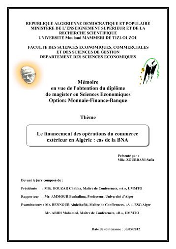 MÃ©moire en vue de l'obtention du diplÃ´me de magister en Sciences ...