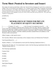 Term Sheet (Neutral to Investors and Issuer) - Columbia Law School