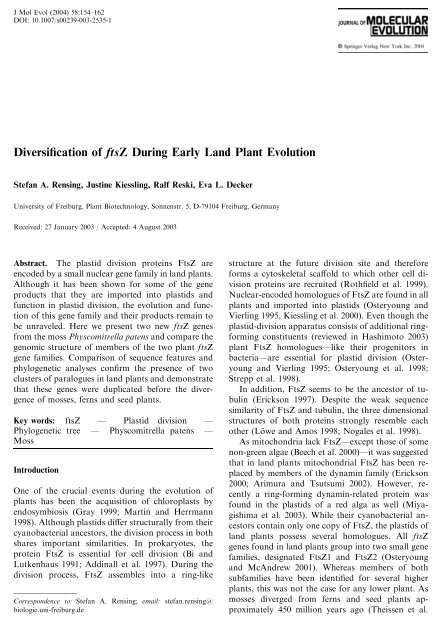 Diversification of ftsZ During Early Land Plant Evolution