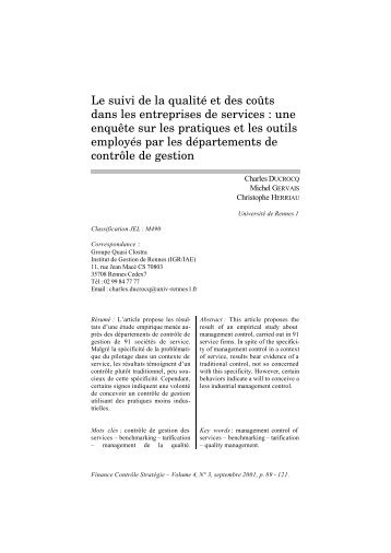 Le suivi de la qualitÃ© et des coÃ»ts dans les entreprises de services ...