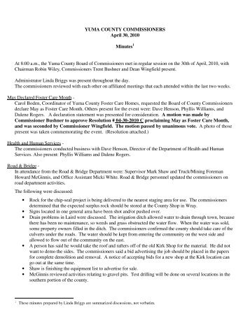 YUMA COUNTY COMMISSIONERS April 30, 2010 Minutes1 At 8:00 ...