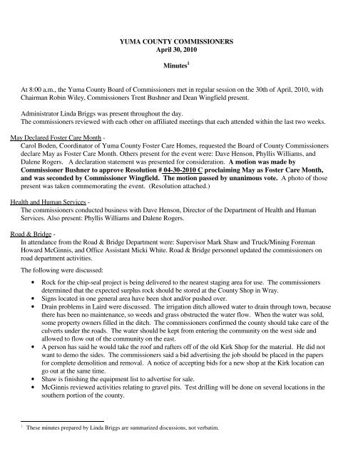 YUMA COUNTY COMMISSIONERS April 30, 2010 Minutes1 At 8:00 ...