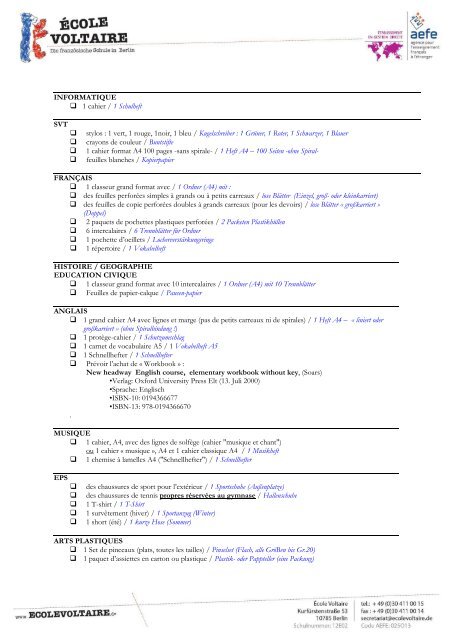 LISTE DES FOURNITURES SCOLAIRES ... - Collège Voltaire Berlin