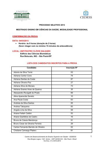processo seletivo 2013 mestrado ensino em ciÃªncias da ... - Unifesp