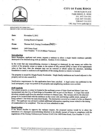 Info Packet for V-12-10 1409 Potter Rd - City of Park Ridge