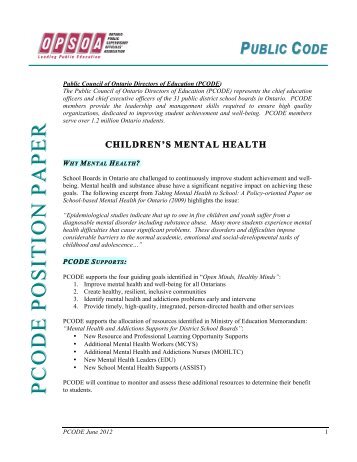 PCODE Position Paper - Children's Mental Health Draft - OPSOA