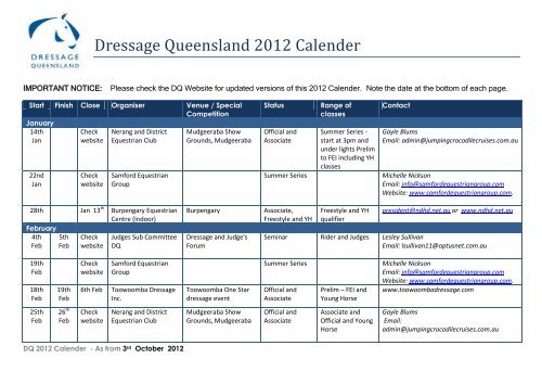 Dressage Queensland 2012 Calender - Equestrian Queensland