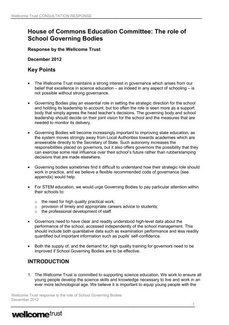 The Role Of School Governing Bodies - Wellcome Trust