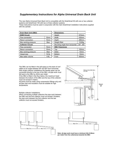 Supplementary Instructions for Alpha Universal Drain Back Unit