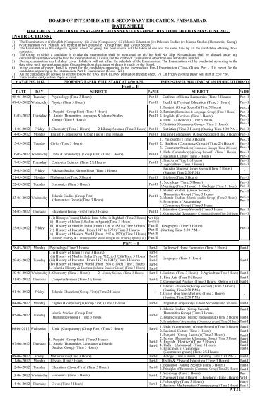 Faisalabad Board Inter Date Sheet 2012 - ilmkidunya