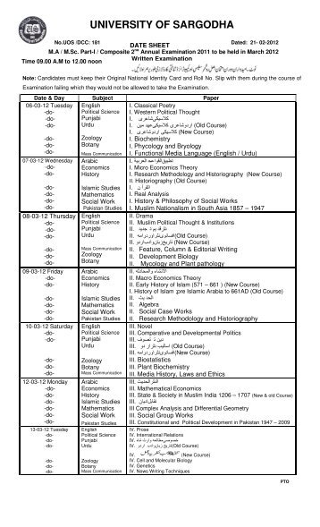 University of Sargodha MA MSc Part 1 Date Sheet 2012 - ilmkidunya