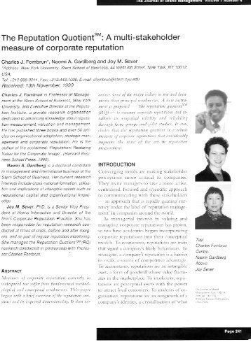 The Reputation Quotient: A multi-stakeholder measure of corporate ...