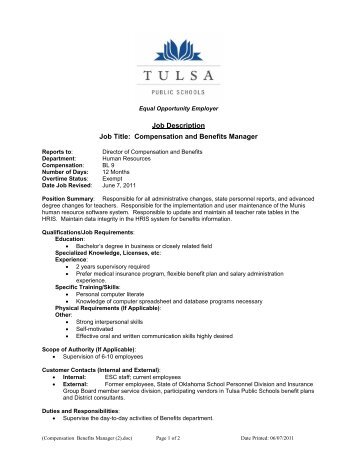 Compensation and Benefits Manager - Tulsa Public Schools