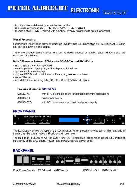 SDI-INSERTER SDI-3G-7xx - Peter Albrecht Elektronik GmbH & Co.KG