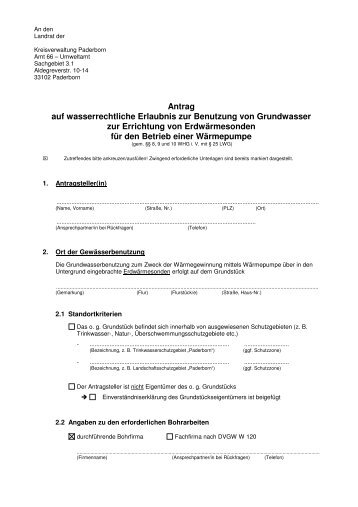 Antrag auf wasserrechtliche Erlaubnis zur ... - Kreis Paderborn