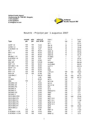 Neutrik â Prijslijst per 1 augustus 2007 - Holland Audio Import