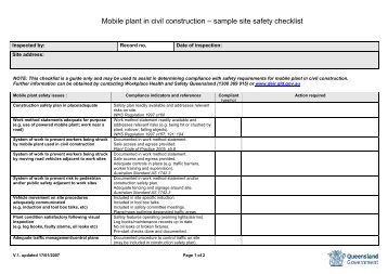 Mobile plant in civil construction – sample site safety checklist