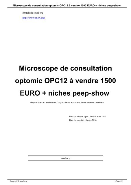 Microscope de consultation optomic OPC12 Ã  vendre ... - SNORL