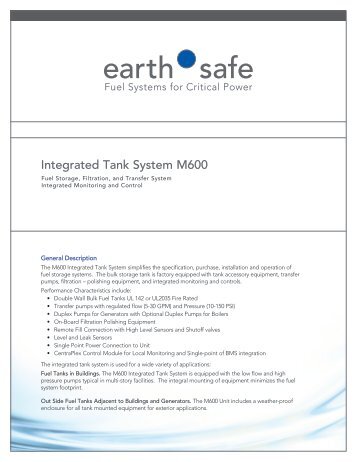 M600 Integrated Tank Data Sheet - Earthsafe Systems, Inc.