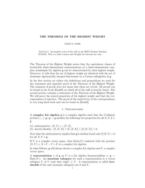 THE THEOREM OF THE HIGHEST WEIGHT The Theorem of the ...