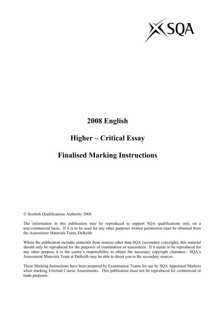 sqa advanced higher english critical essay marking instructions