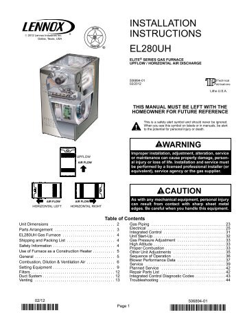 EL280UH Two-Stage Gas Furnace Installation Manual - Lennox