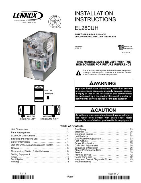 EL280UH Two-Stage Gas Furnace Installation Manual - Lennox