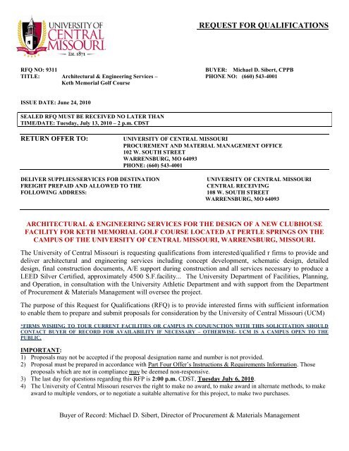 REQUEST FOR QUALIFICATIONS - University of Central Missouri