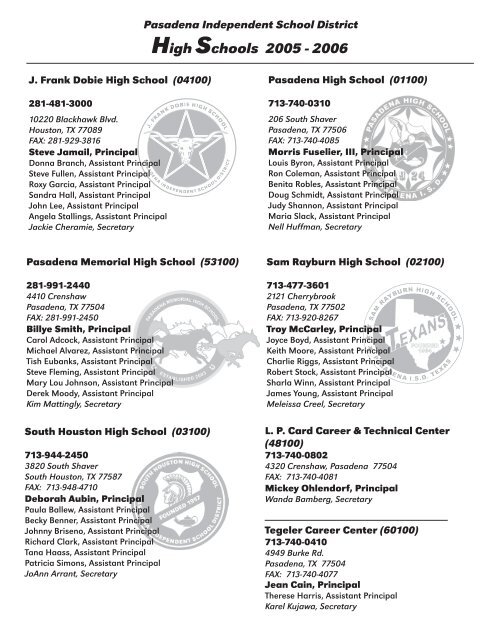 Campus Phone Numbers - Pasadena Independent School District