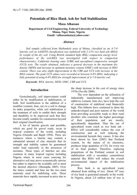 Potentials of Rice Husk Ash for Soil Stabilization - AU Journal