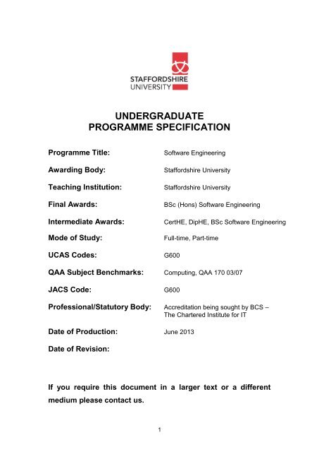 Software Engineering Programme Specification - Staffordshire ...