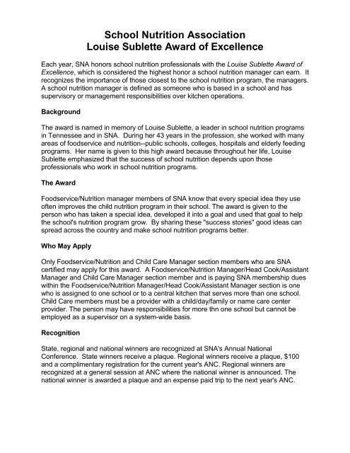 School Nutrition Association Louise Sublette Award of Excellence